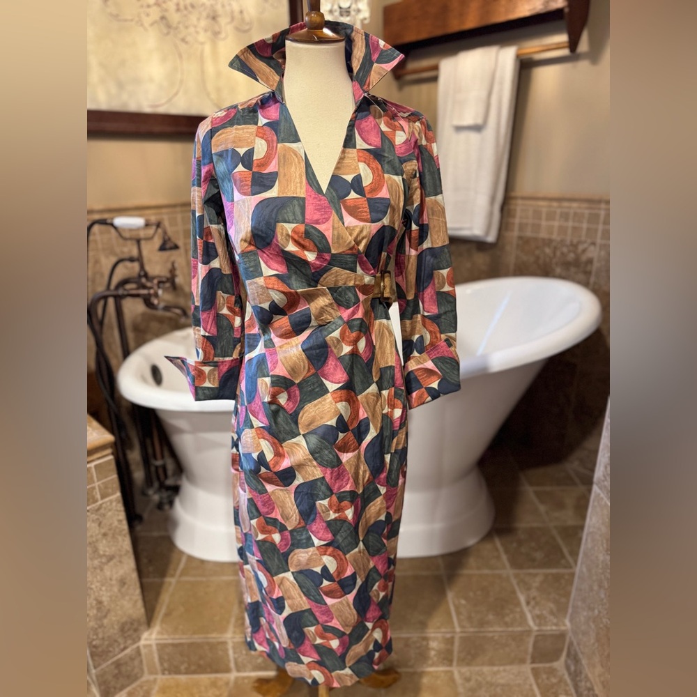 NWT J. McLaughlin Colorful Patterned belted wrap Midi Dress geometric harmony - Picture 5 of 9